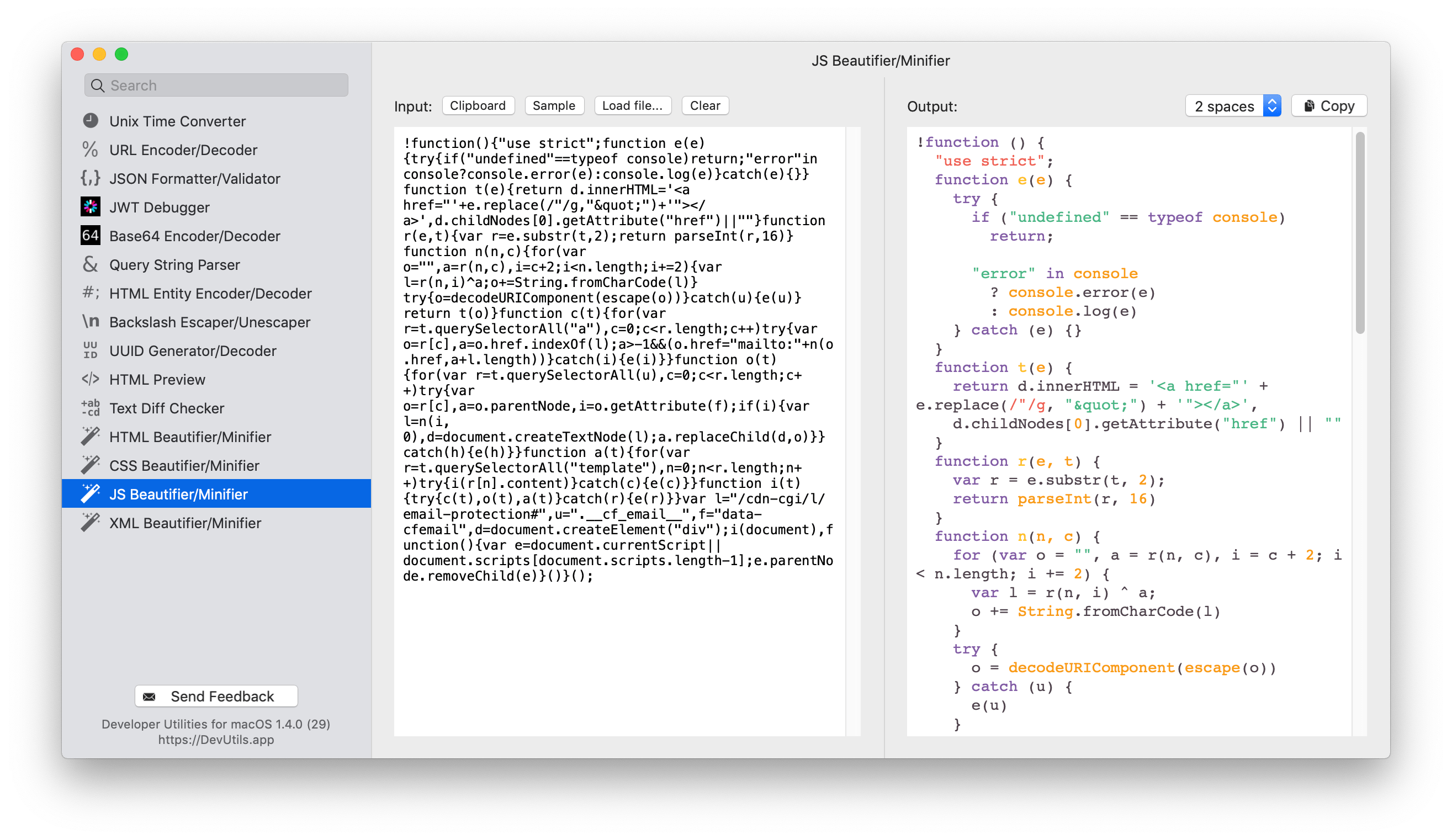 DevUtils.app: JS Beautifier/Minifier macOS app