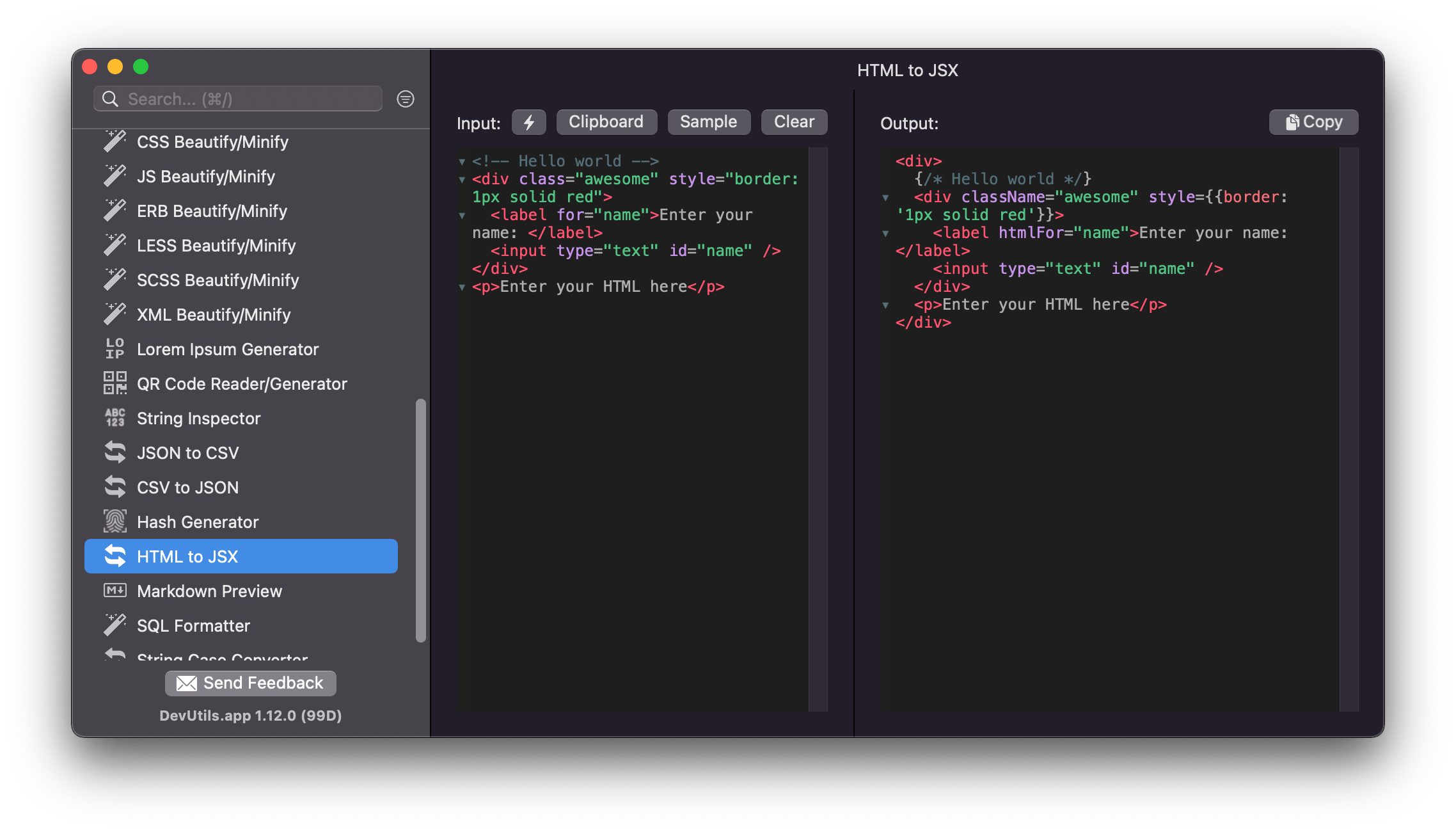 DevUtils.app: HTML to JSX Converter macOS app
